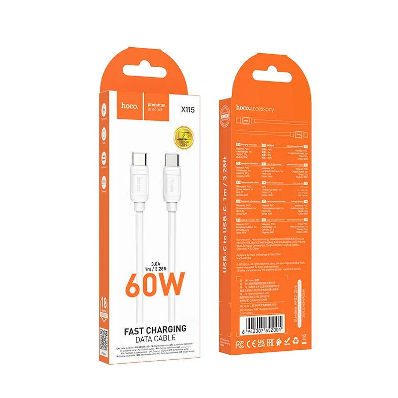 Cablu Date si Incarcare USB-C - USB-C HOCO X115, 240W, 1m, Alb