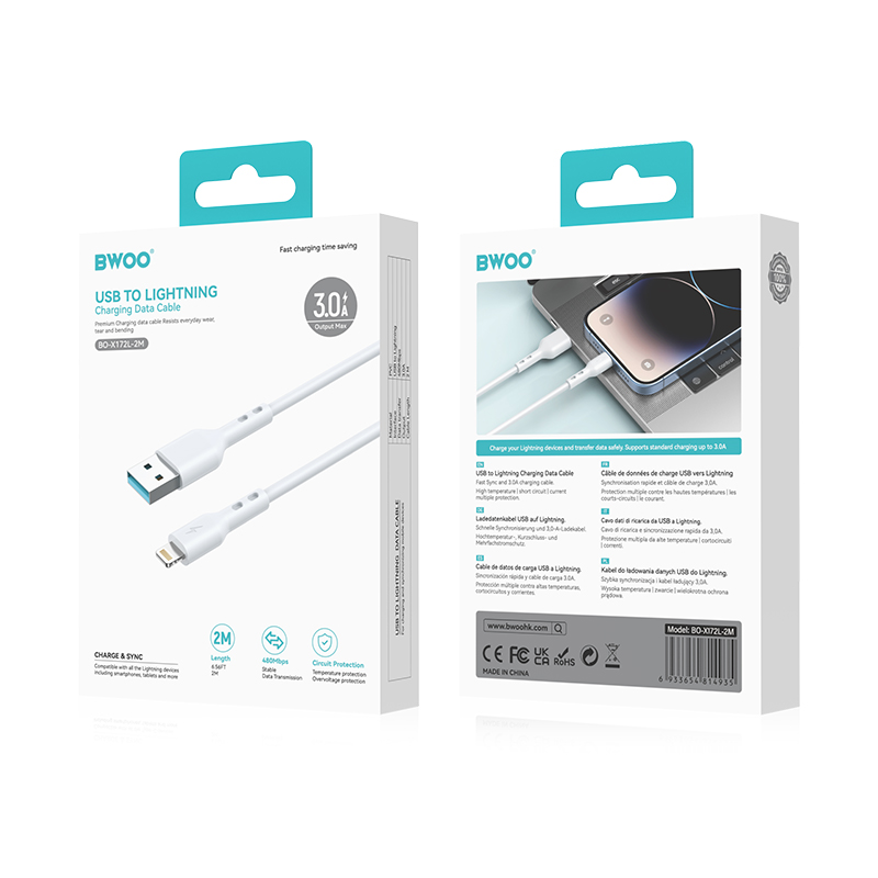 Cablu Date si Incarcare USB-A - Lightning BWOO BO-X172L-2M, 15W, 2m, Alb