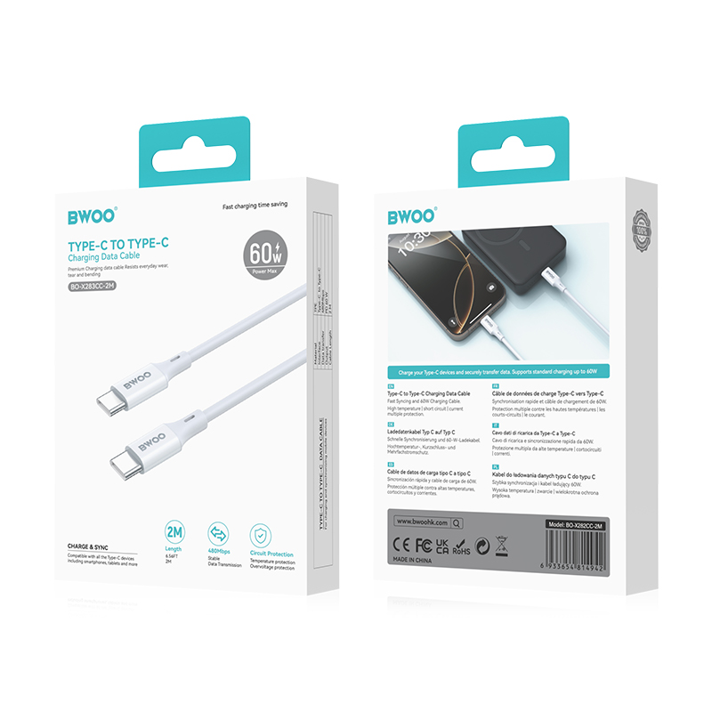 Cablu Date si Incarcare USB-C - USB-C BWOO BO-X283CC-2M, 60W, 2m, Alb