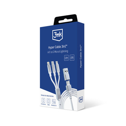 Cablu Incarcare USB-A / USB-C - Lightning / microUSB / USB-C 3MK Hyper 3in1, 12W, 1.5m, Alb