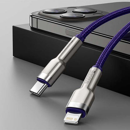 Cablu Date si Incarcare USB-C - Lightning Baseus Cafule Metal Series, 20W, 1m, Mov CATLJK-A05