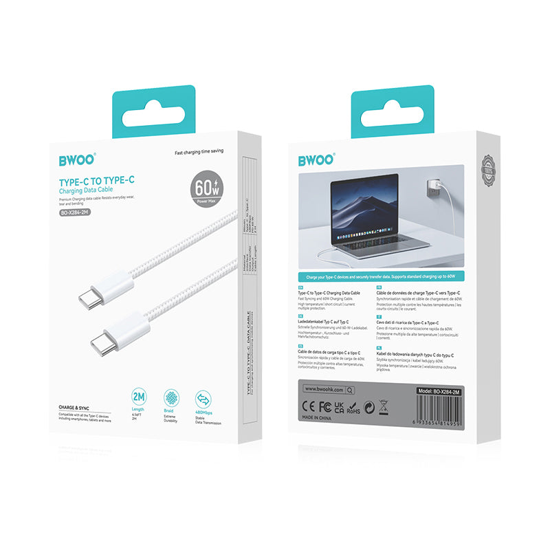 Cablu Date si Incarcare USB-C - USB-C BWOO BO-X284, 60W, 2m, Alb