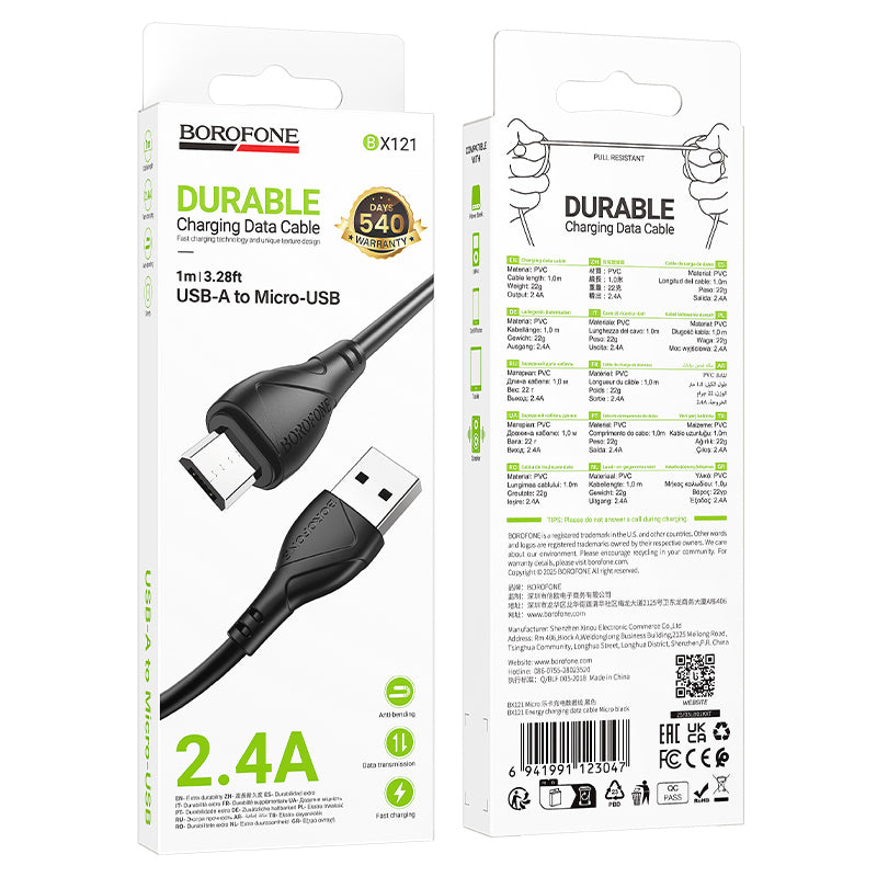 Cablu Date si Incarcare USB-A - microUSB Borofone BX121 Energy, 18W, 1m, Negru