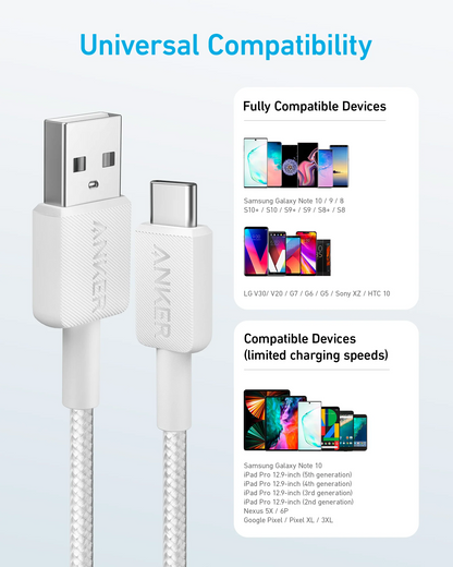 Cablu Date si Incarcare USB-A - USB-C Anker 322, 18W, 1.8m, Alb A81H6G21