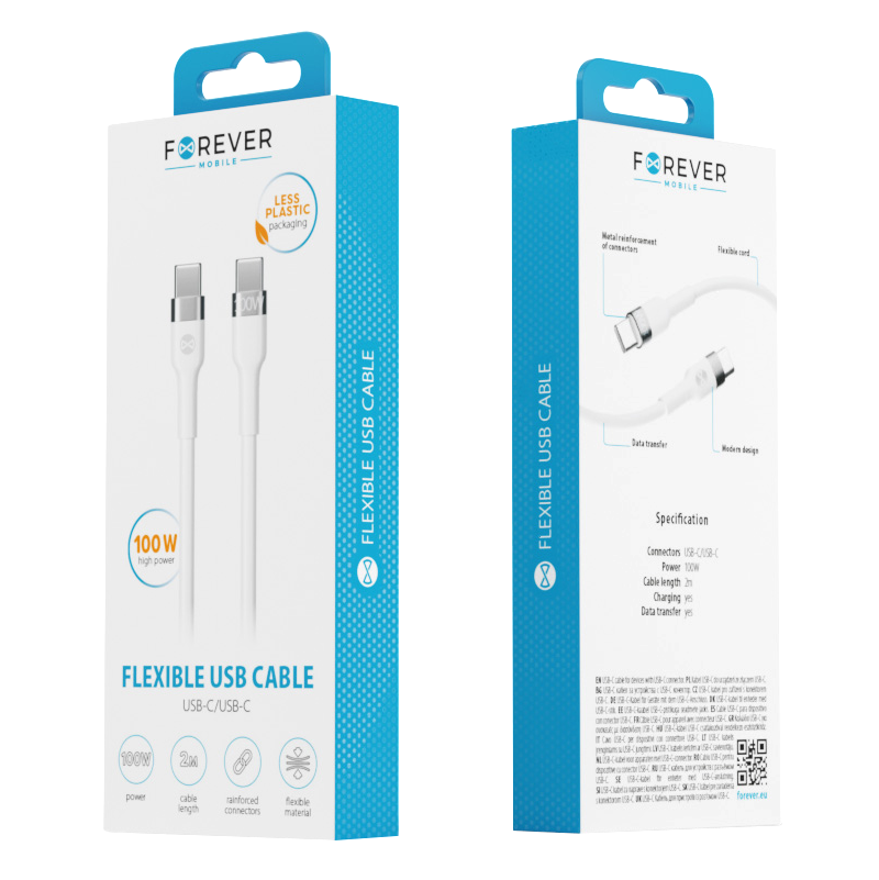 Cablu Date si Incarcare USB-C - USB-C Forever Flexible, 100W, 2m, Alb
