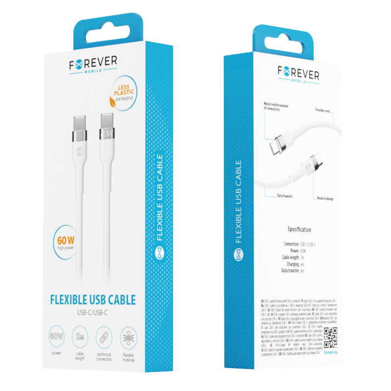 Cablu Date si Incarcare USB-C - USB-C Forever Flexible, 60W, 2m, Alb