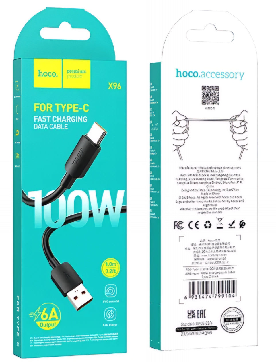 Cablu Date si Incarcare USB-A - USB-C HOCO X96, 100W, 1m, Negru