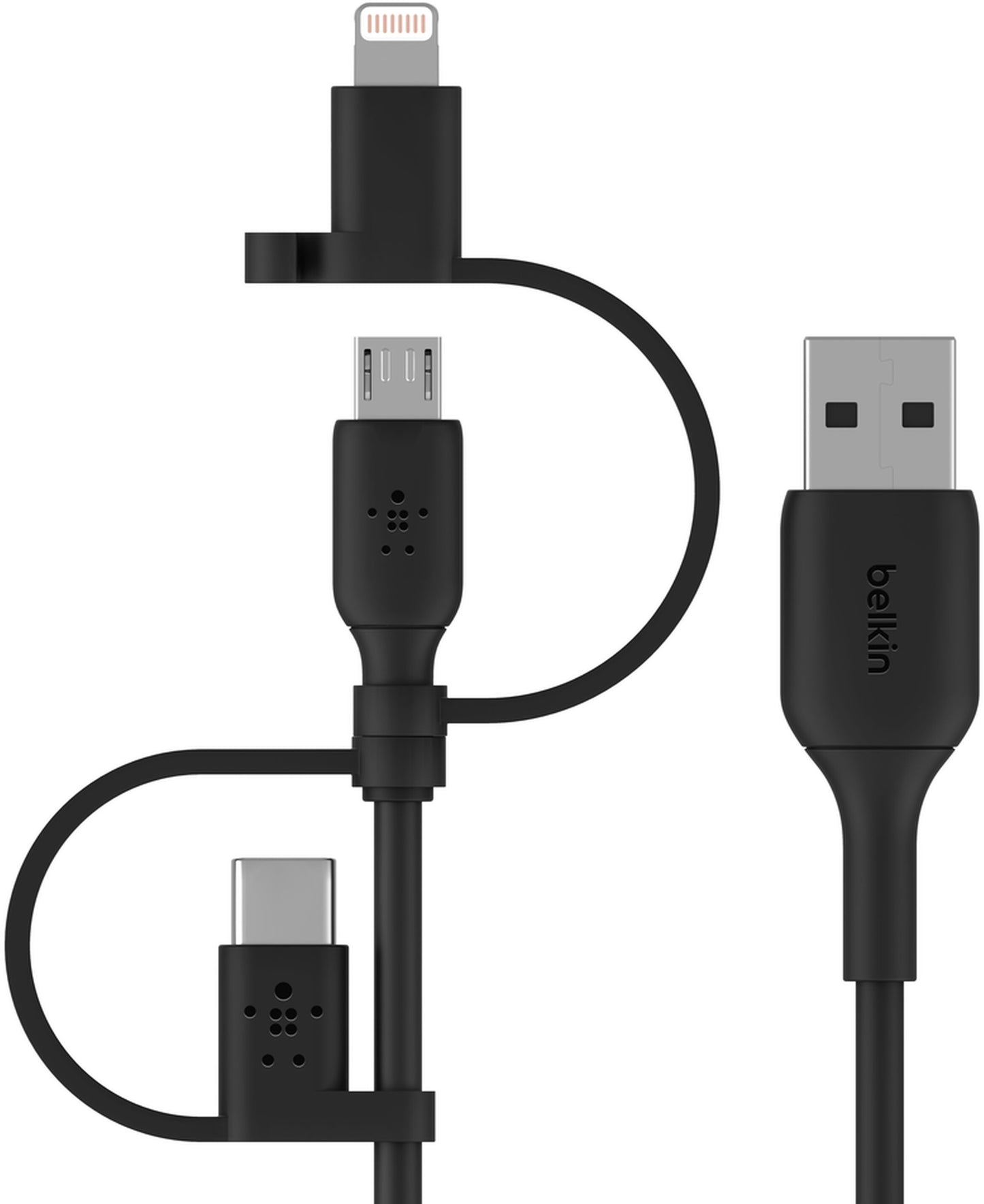 Cablu Date si Incarcare USB-A - Lightning / microUSB / USB-C Belkin BoostCharge, 1m, Negru CAC001bt1MBK