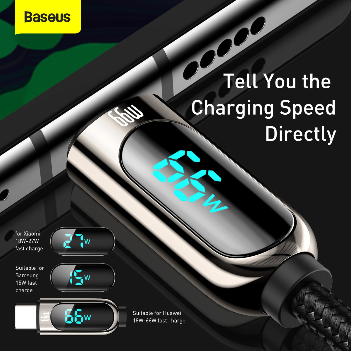 Cablu Date si Incarcare USB-A - USB-C Baseus Display, 66W, 2m, Negru CASX020101