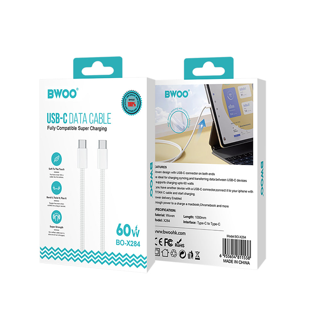 Cablu Date si Incarcare USB-C - USB-C BWOO BO-X284, 60W, 1m, Alb