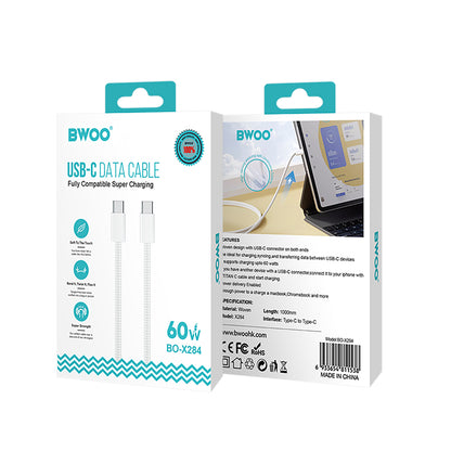 Cablu Date si Incarcare USB-C - USB-C BWOO BO-X284, 60W, 1m, Alb