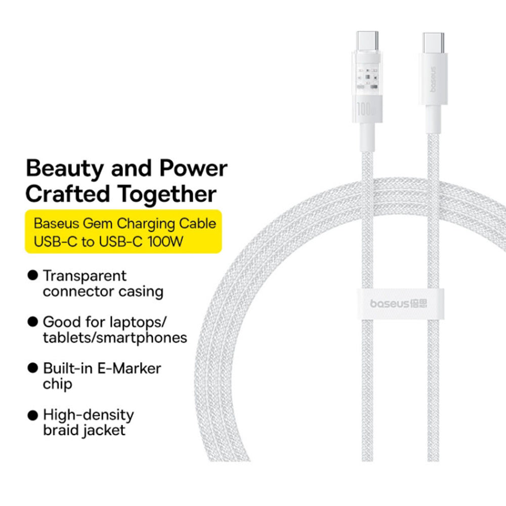 Cablu Date si Incarcare USB-C - USB-C Baseus Gem, 100W, 2m, Alb P10373000211-01