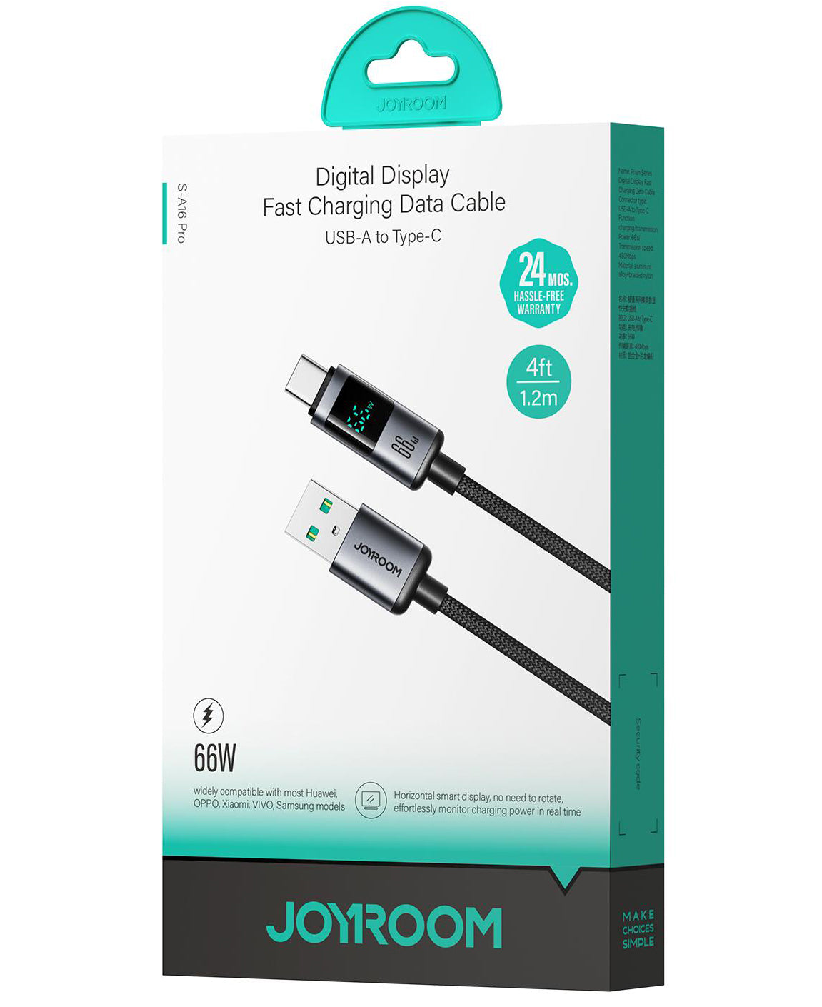 Cablu Date si Incarcare USB-A - USB-C Joyroom S-A16 Pro Prism Display, 66W, 1.2m, Negru