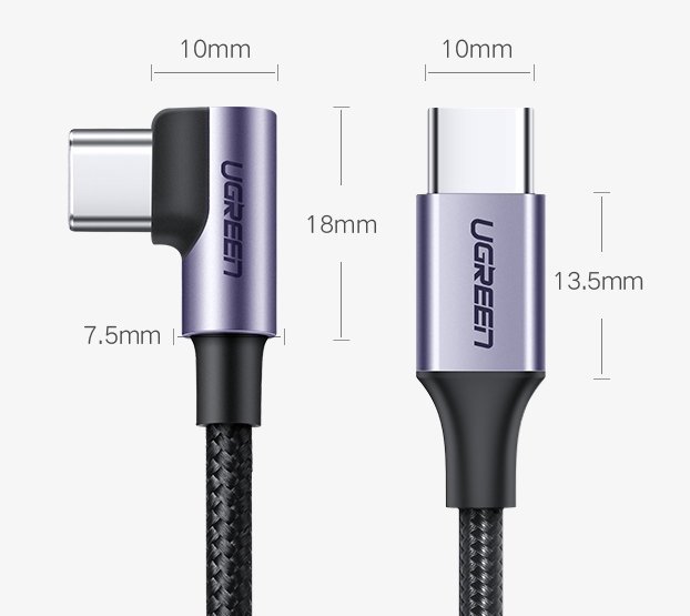 Cablu Date si Incarcare USB Type-C la USB Type-C UGREEN US255, Angled 90, 1 m, 60W, 3A, Gri