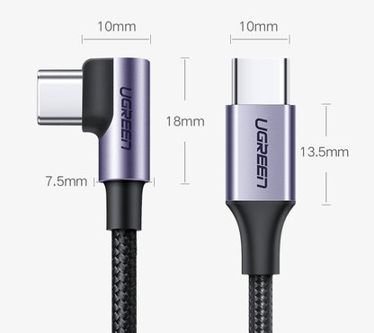 Cablu Date si Incarcare USB Type-C la USB Type-C UGREEN US255, Angled 90, 1 m, 60W, 3A, Gri