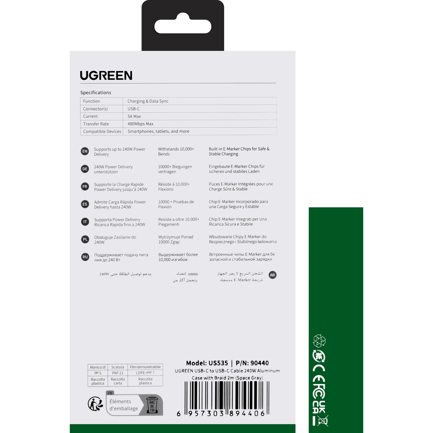 Cablu Date si Incarcare USB-C - USB-C UGREEN US535, 240W, 2m, Gri