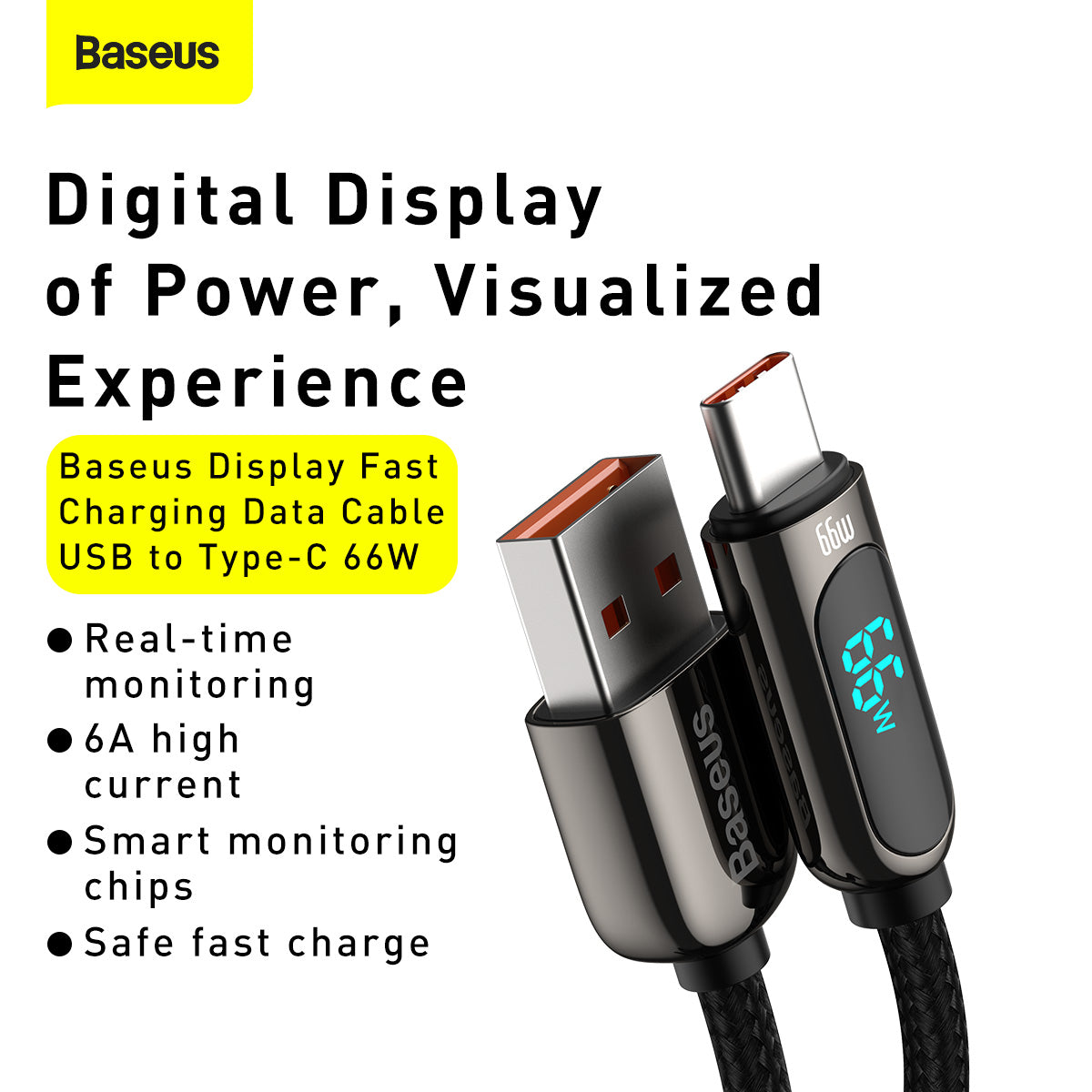 Cablu Date si Incarcare USB-A - USB-C Baseus Display, 66W, 2m, Negru CASX020101
