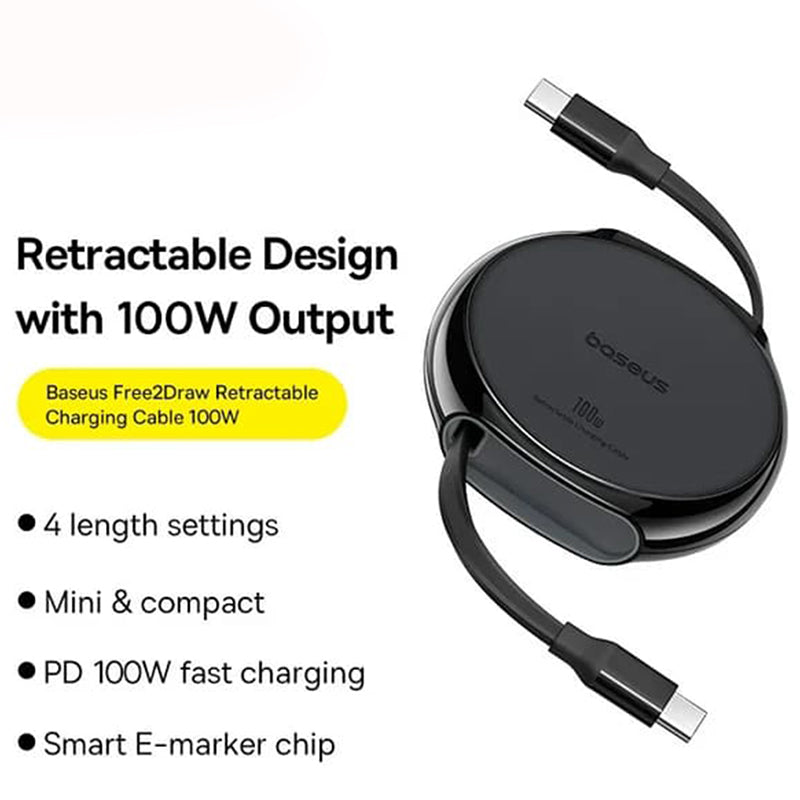 Cablu Date si Incarcare USB-C - USB-C Baseus Pathfinder Retractable, 100W, 1m, Negru P10368400111-00
