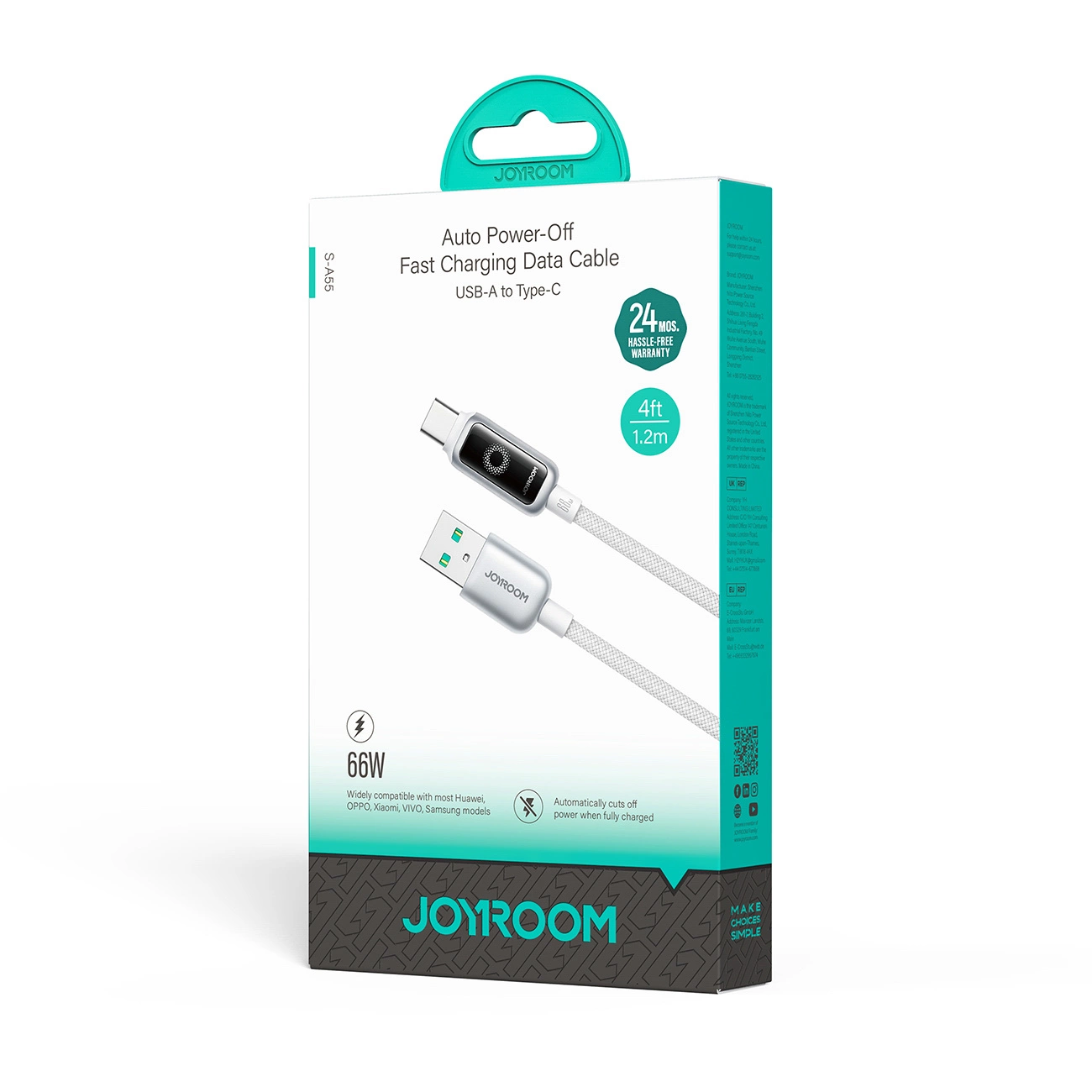 Cablu Date si Incarcare USB-A - USB-C Joyroom S-A55 StarFlight Display, 66W, 1.2m, Alb