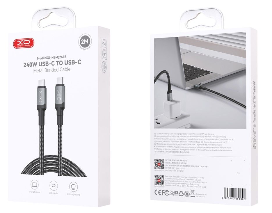 Cablu Date si Incarcare USB-C - USB-C XO Design NB-Q264B, 240W, 2m, Negru