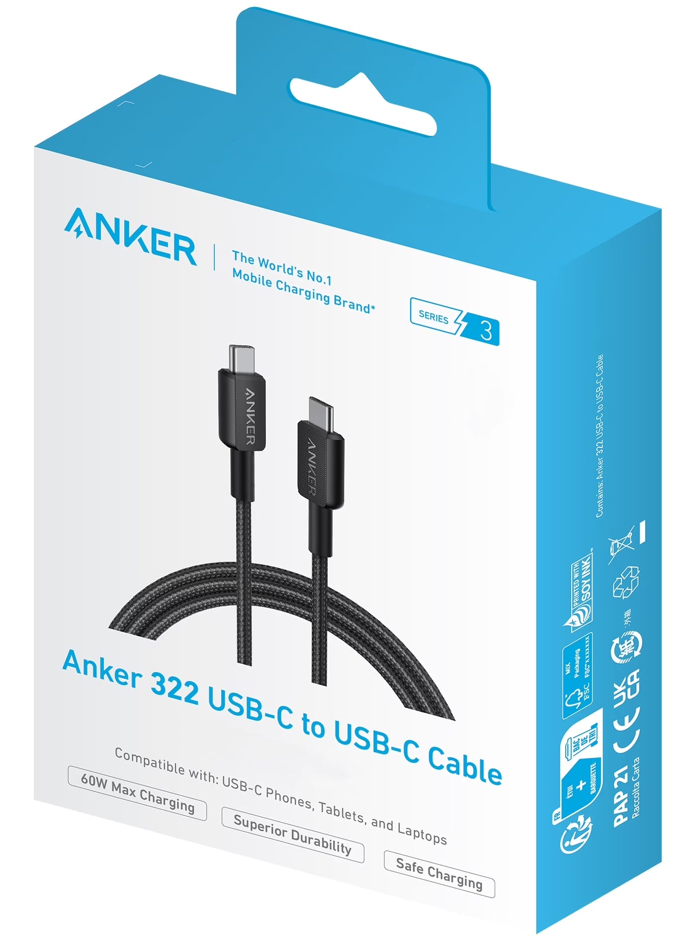 Cablu Date si Incarcare USB-C - USB-C Anker 322, 60W, 0.9m, Negru A81F5G11