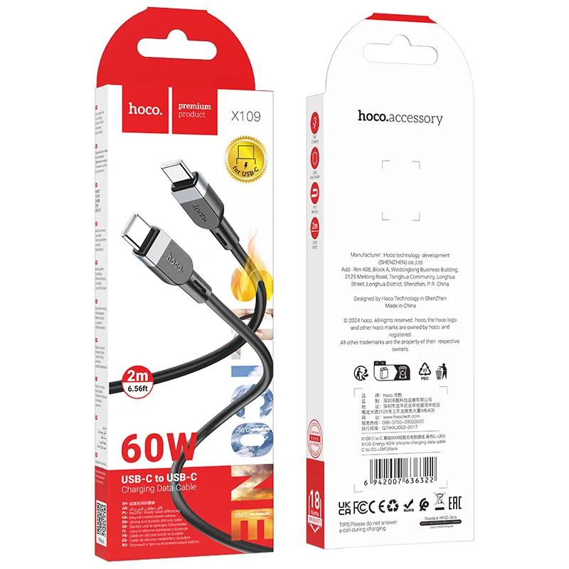 Cablu Date si Incarcare USB-C - USB-C HOCO X109, 60W, 2m, Negru