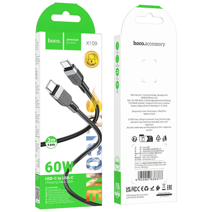 Cablu Date si Incarcare USB-C - USB-C HOCO X109, 60W, 3m, Negru