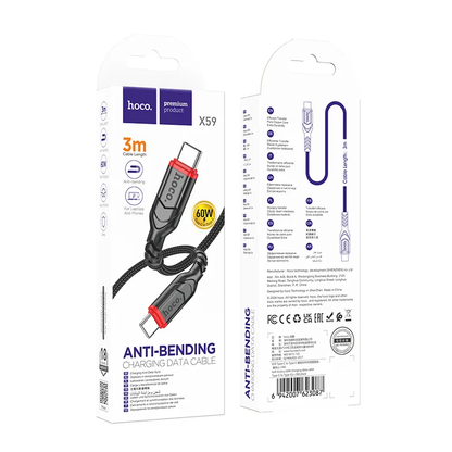Cablu Date si Incarcare USB-C - USB-C HOCO X59 Victory, 60W, 3m, Negru