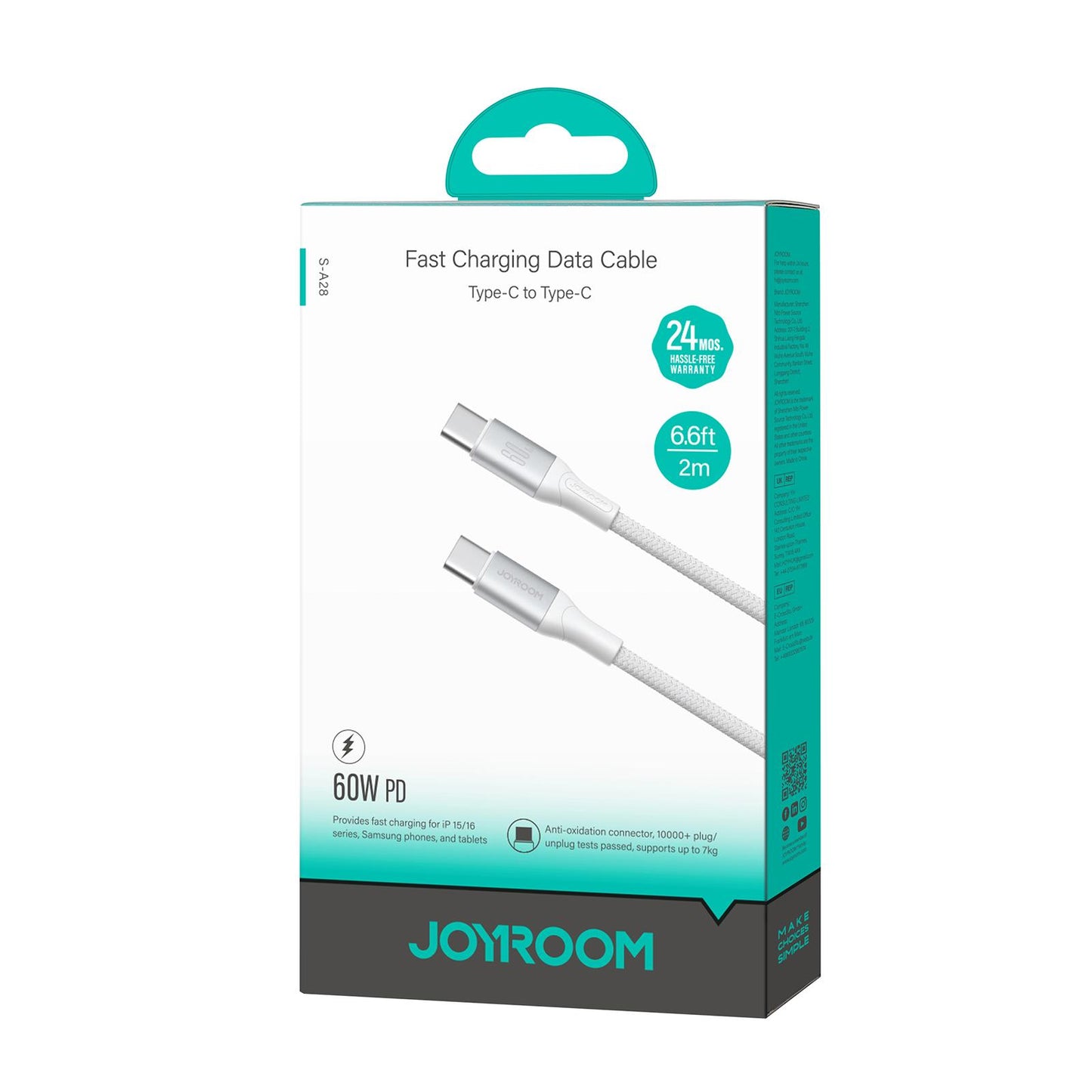 Cablu Date si Incarcare USB-C - USB-C Joyroom S-A28 Flash, 60W, 2m, Alb