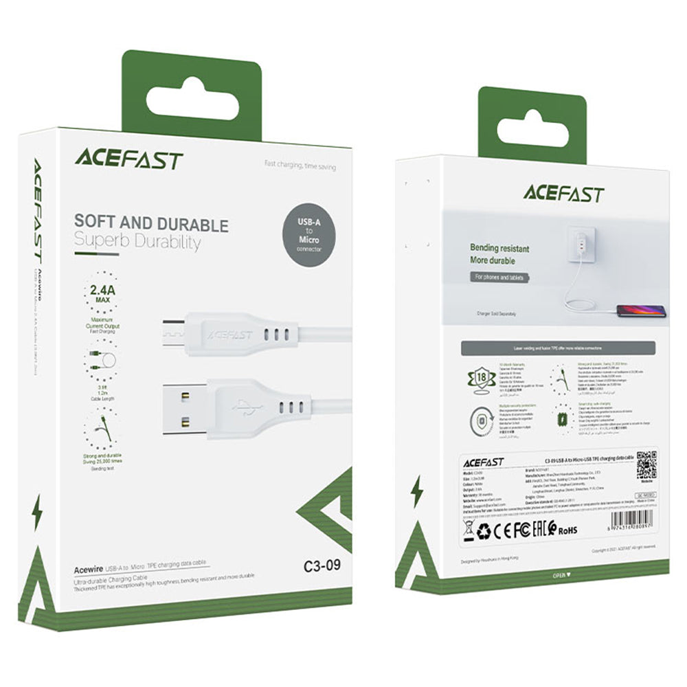 Cablu Date si Incarcare USB-A - microUSB Acefast C3-09, 18W, 1.2m, Alb