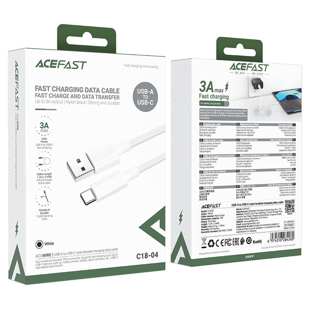 Cablu Date si Incarcare USB-A - USB-C Acefast C18-04, 18W, 1.2m, Alb