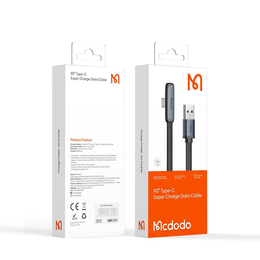Cablu Date si Incarcare USB-A - USB-C McDodo CA-3340 Angled, 100W, 1.2m, Negru