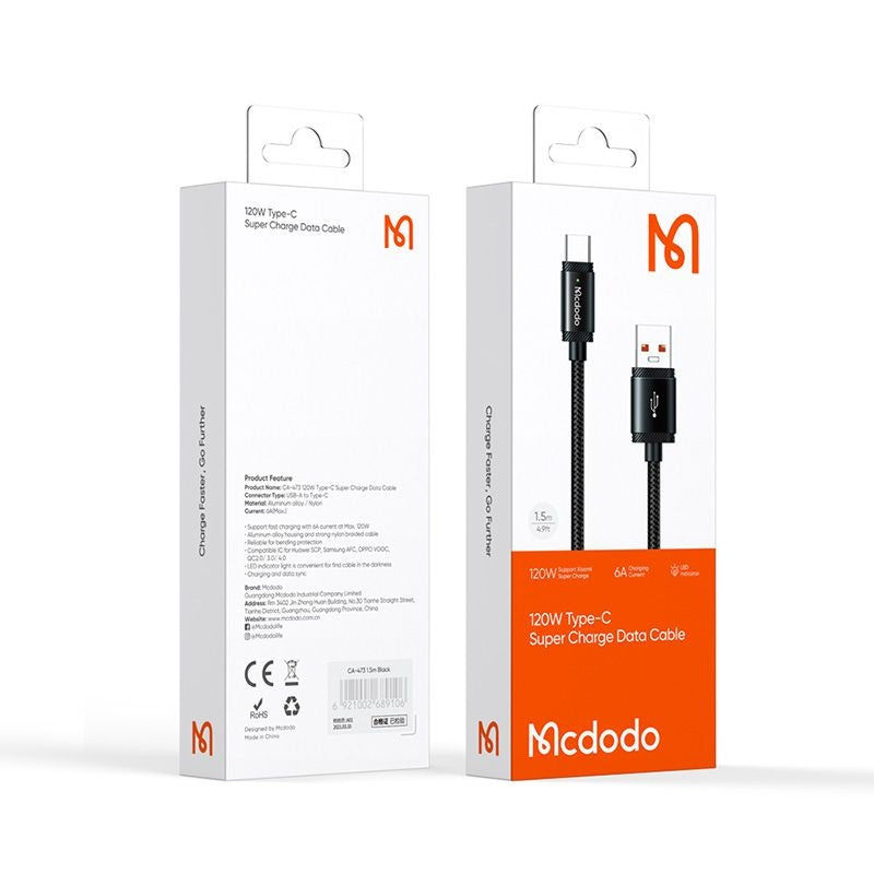 Cablu Date si Incarcare USB-A - USB-C McDodo CA-4730, 120W, 1.5m, Negru