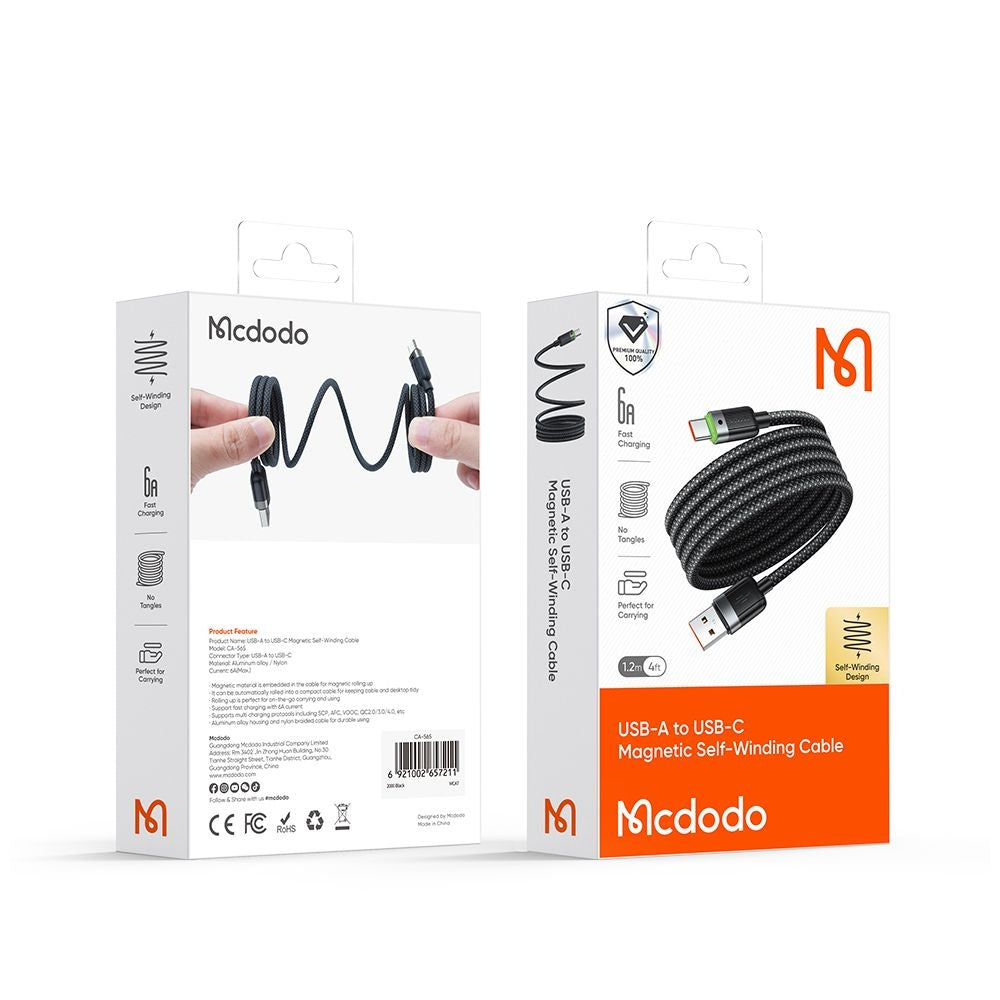 Cablu Date si Incarcare USB-A - USB-C McDodo CA-5650 Self Winding, 66W, 1.2m, Negru