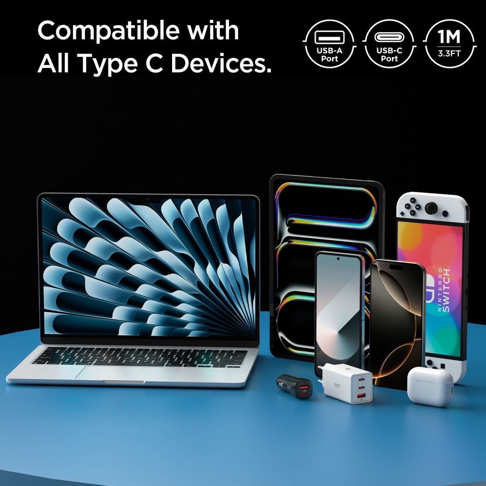 Cablu Date si Incarcare USB-A - USB-C Spigen Essential, 60W, 1m, Alb