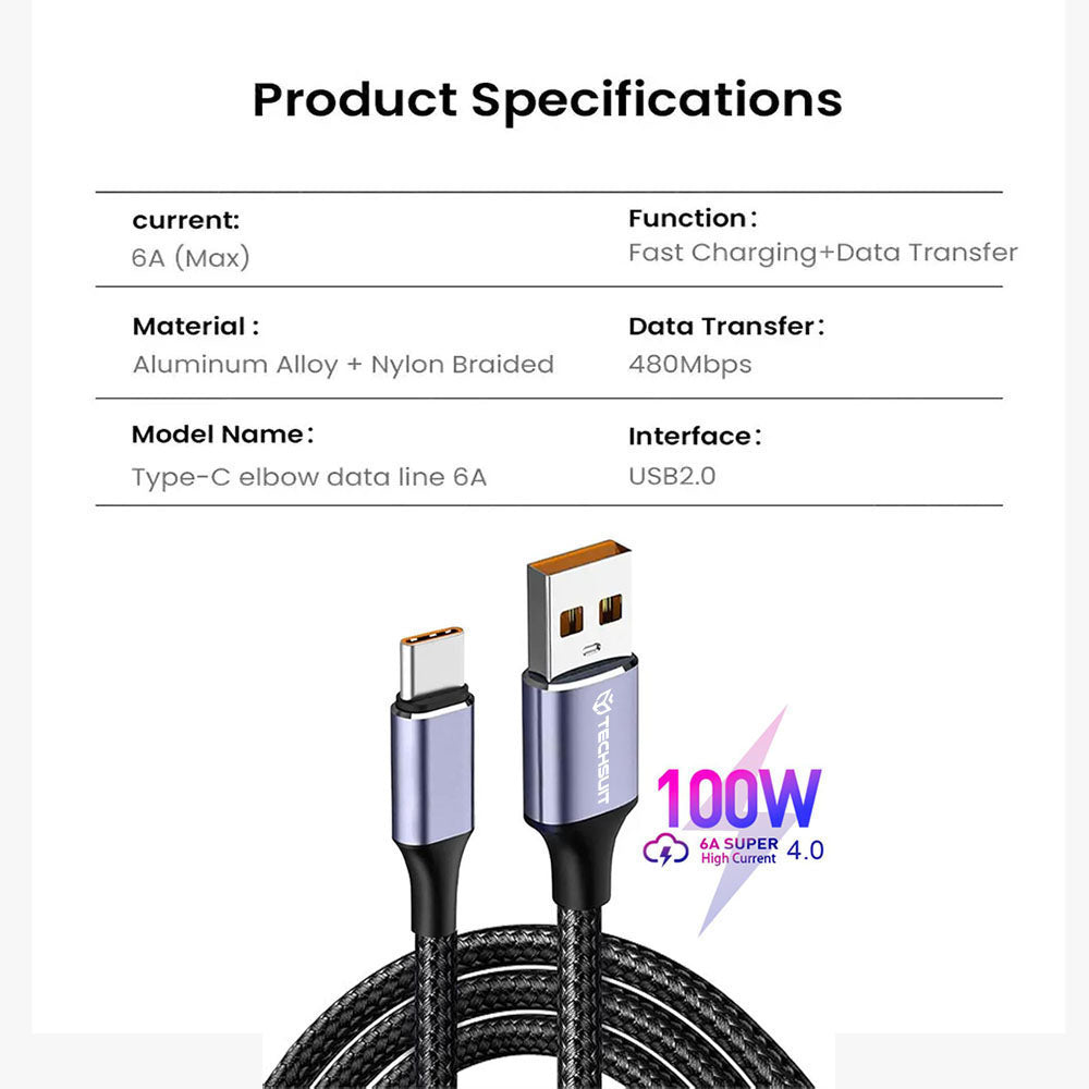 Cablu Date si Incarcare USB-A - USB-C Techsuit PCB018, 100W, 1m, Negru