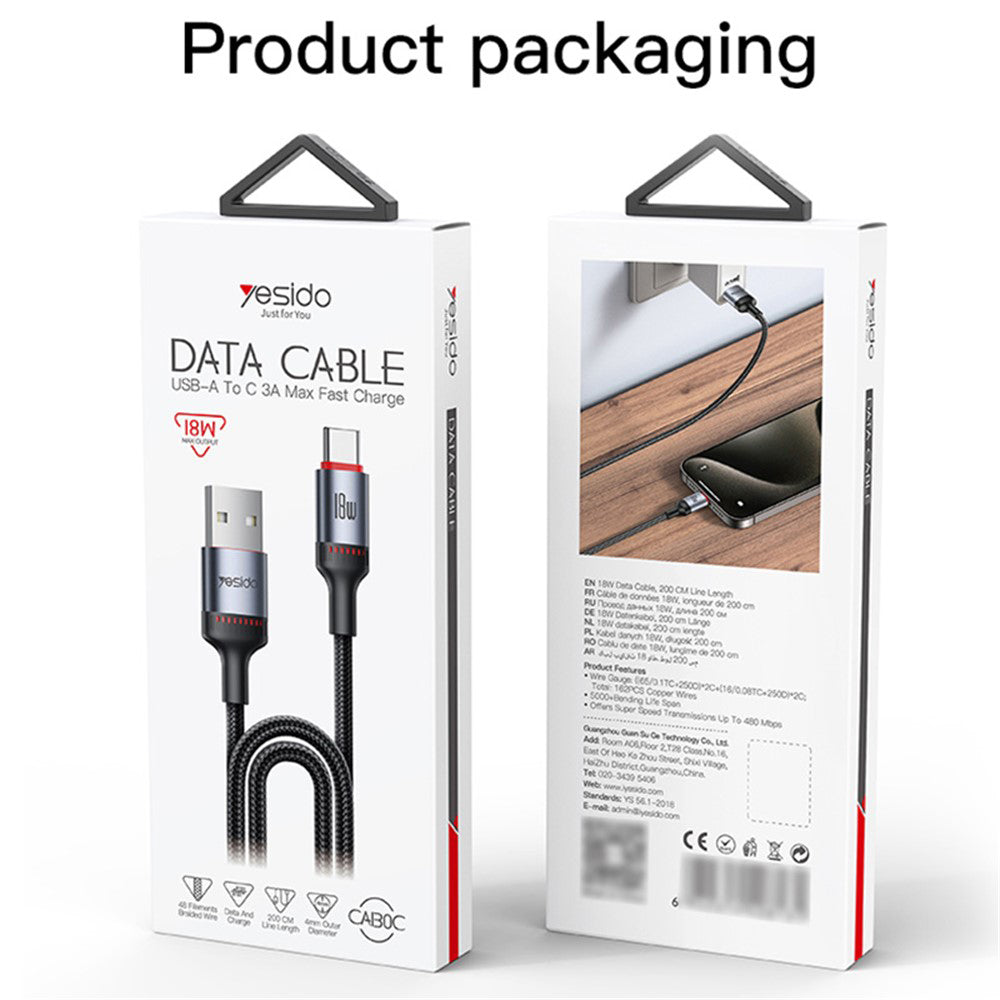 Cablu Date si Incarcare USB-A - USB-C Yesido CA130C, 18W, 2m, Negru
