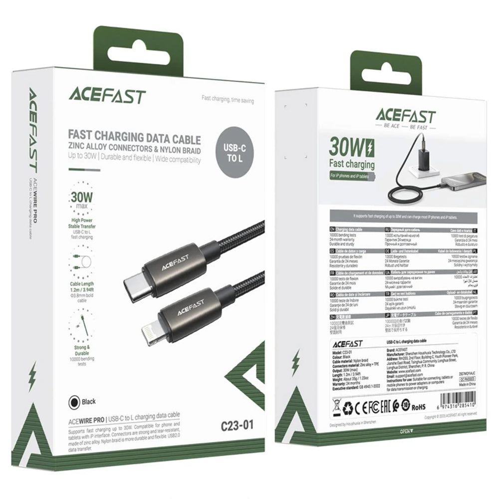 Cablu Date si Incarcare USB-C - Lightning Acefast C23-01, 30W, 1.2m, Negru