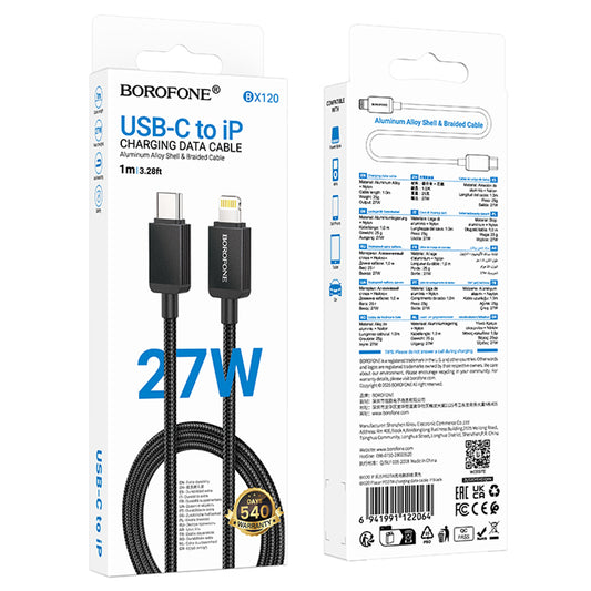 Cablu Date si Incarcare USB-C - Lightning Borofone BX120 Placer, 27W, 1m, Negru