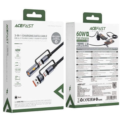 Cablu Date si Incarcare USB-C / USB-A - USB-C / Bricheta Electrica Acefast J6, 60W, 1.2m, Negru