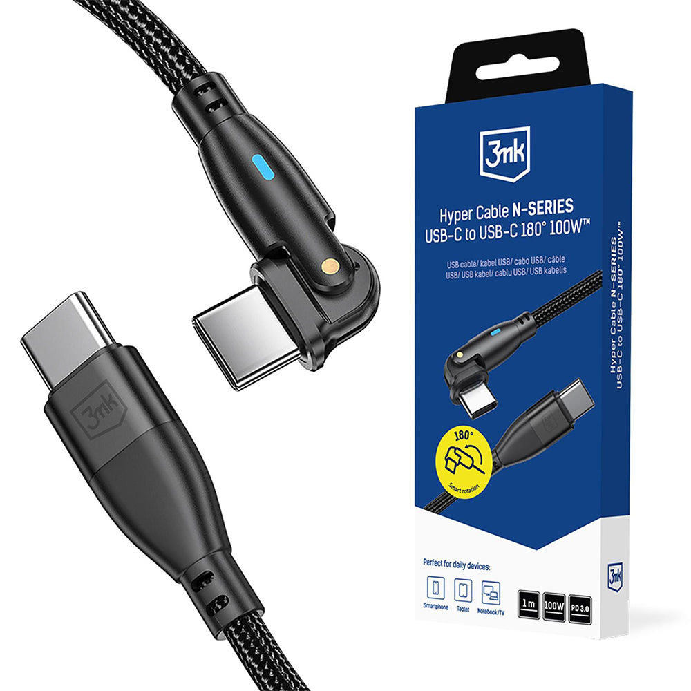 Cablu Date si Incarcare USB-C - USB-C 3MK Hyper N Angled, 100W, 1m, Negru