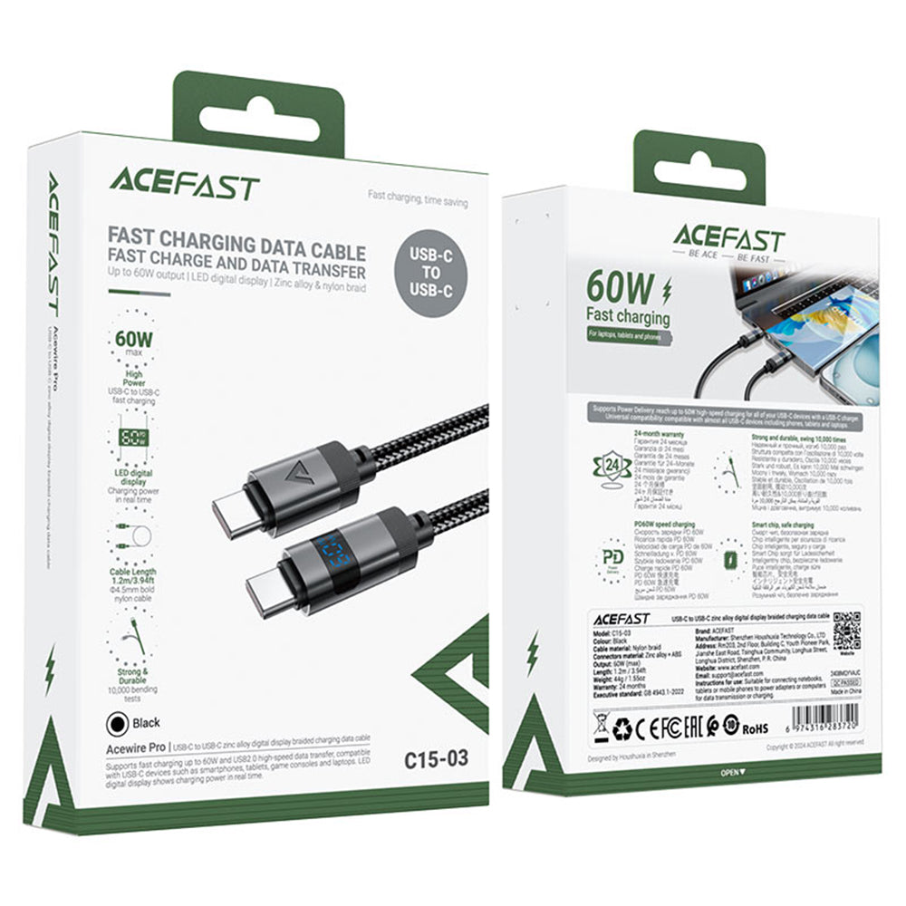 Cablu Date si Incarcare USB-C - USB-C Acefast C15-03 Display, 60W, 1.2m, Negru