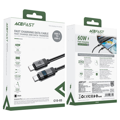 Cablu Date si Incarcare USB-C - USB-C Acefast C15-03 Display, 60W, 1.2m, Negru