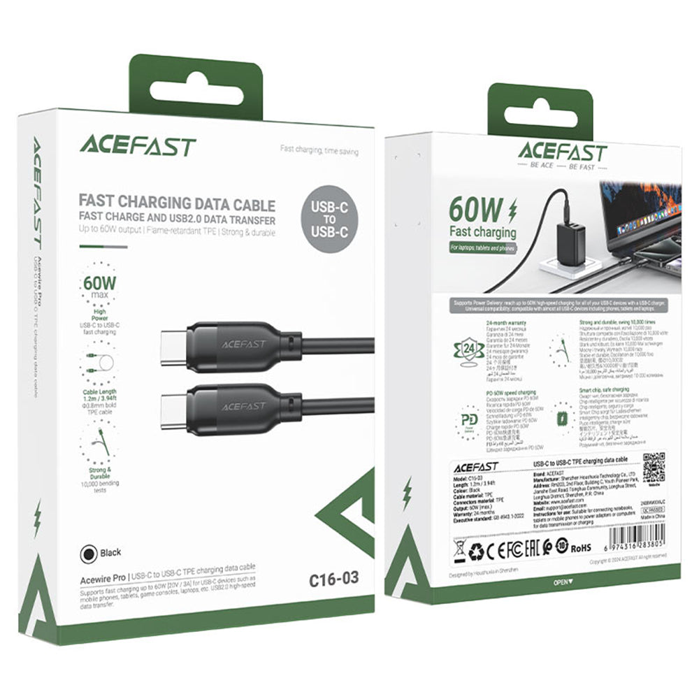 Cablu Date si Incarcare USB-C - USB-C Acefast C16-03, 60W, 1.2m, Negru