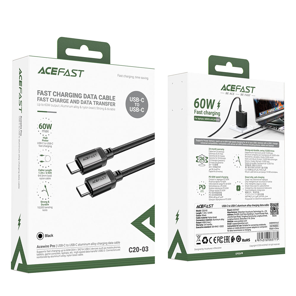 Cablu Date si Incarcare USB-C - USB-C Acefast C20-03, 60W, 1.2m, Negru