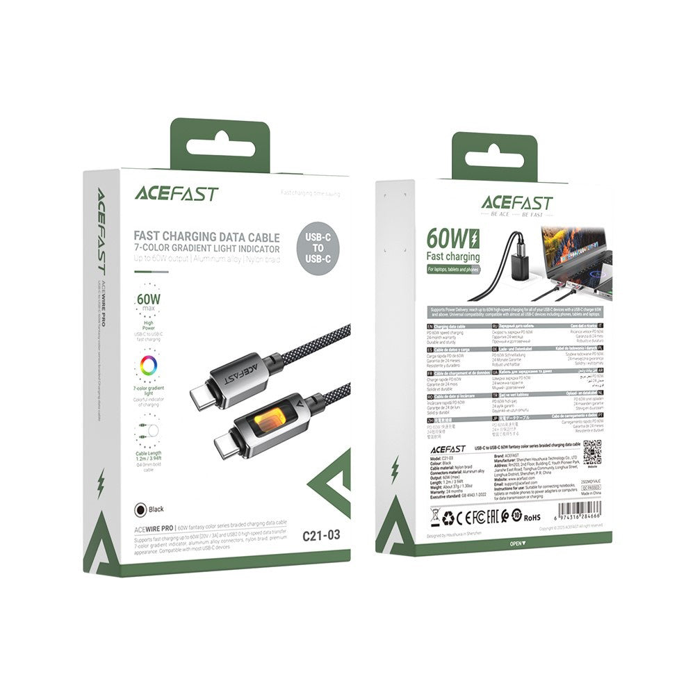 Cablu Date si Incarcare USB-C - USB-C Acefast C21-03, 60W, 1.2m, Negru