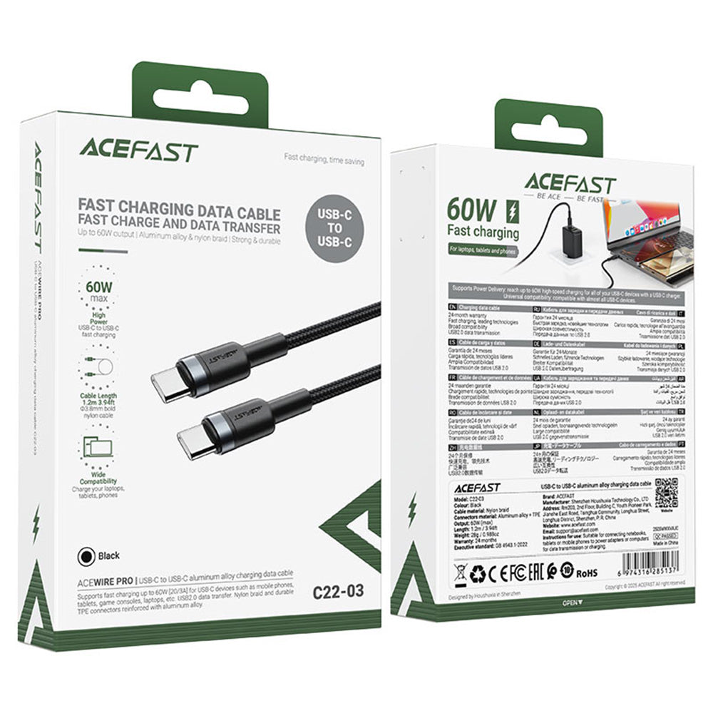 Cablu Date si Incarcare USB-C - USB-C Acefast C22-03, 60W, 1.2m, Negru