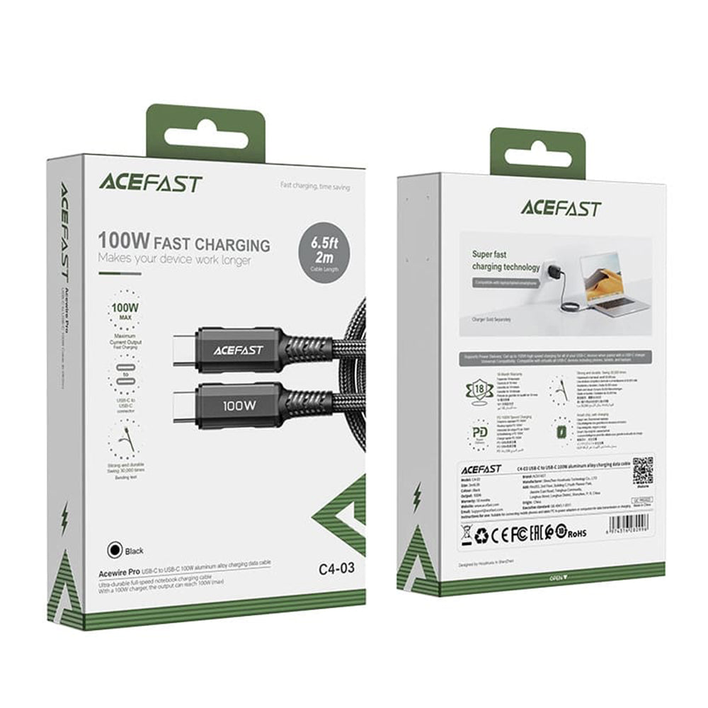 Cablu Date si Incarcare USB-C - USB-C Acefast C4-03, 100W, 2m, Negru