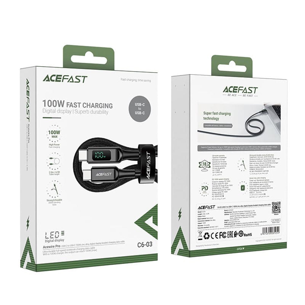 Cablu Date si Incarcare USB-C - USB-C Acefast C6-03 Display, 100W, 2m, Negru