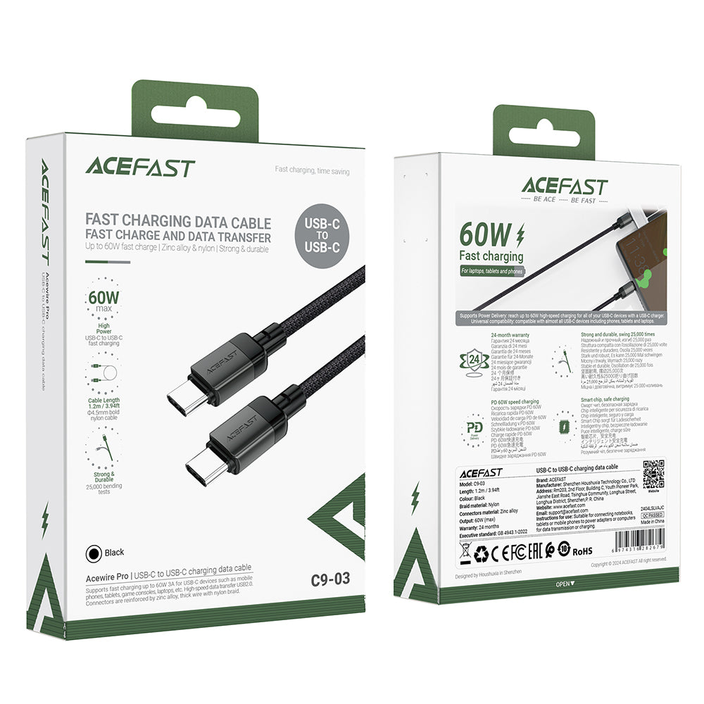 Cablu Date si Incarcare USB-C - USB-C Acefast C9-03, 60W, 1.2m, Negru